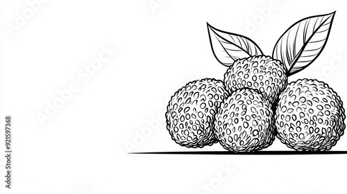 Delicate line art of lychee on a white background, minimalist and hand-drawn, focusing on intricate detailing