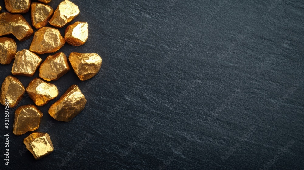 Shiny gold nuggets are scattered on a rich, dark textured surface, highlighting their unique shapes and brilliance Shiny gold nuggets are scattered on a rich, dark textured surface, highlighting their unique shapes and brilliance