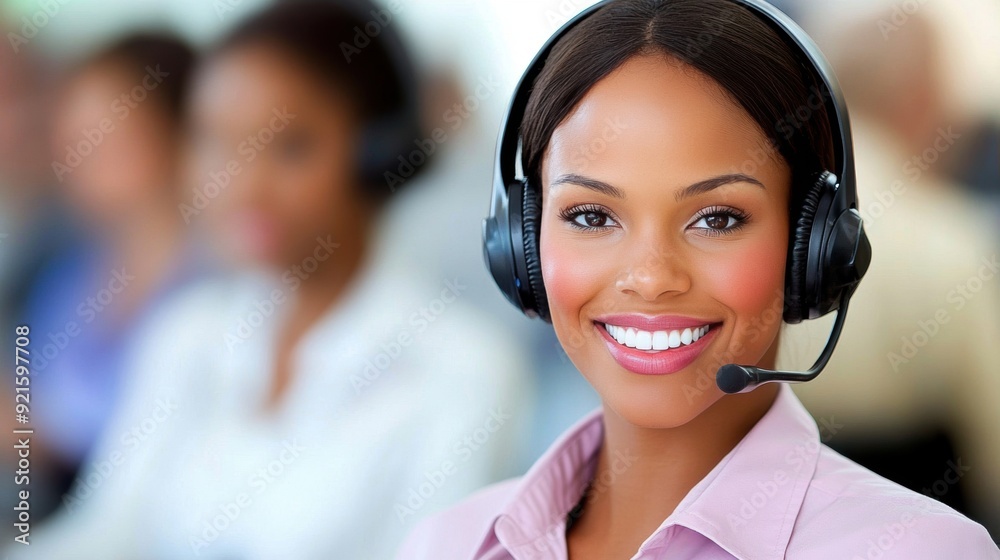 A cheerful customer service representative helps clients while wearing a headset in a lively call center A cheerful customer service representative helps clients while wearing a headset in a lively call center