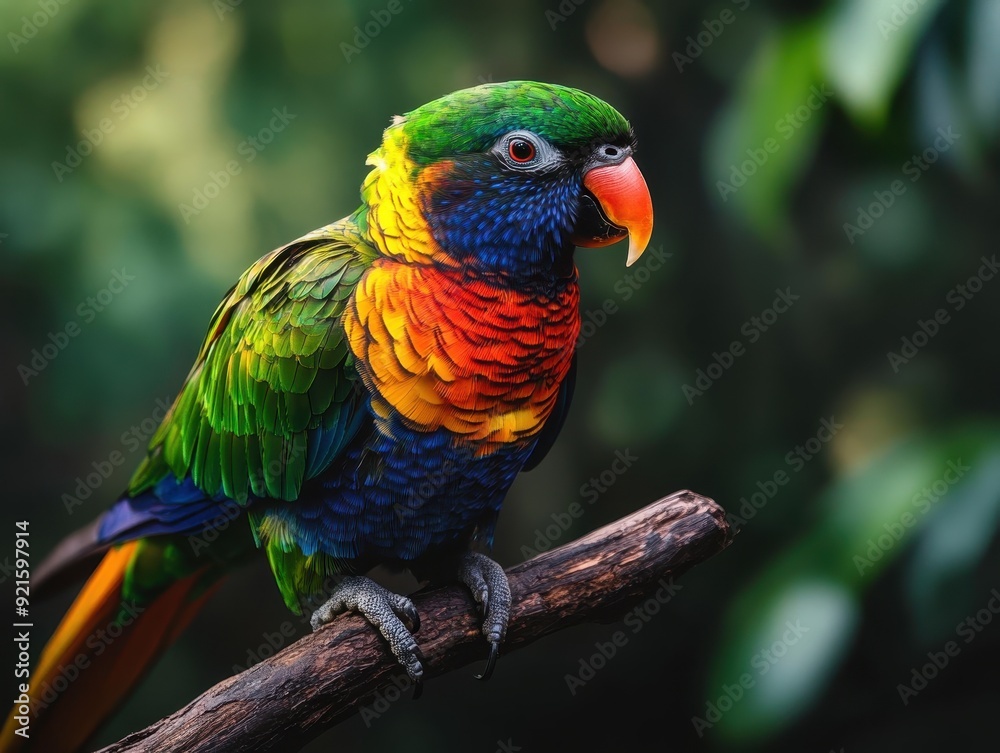 Obraz premium Vibrant Rainbow Lorikeet Perched on a Branch in a Lush Green Forest.