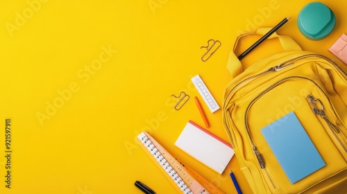 Backpack with School Supplies on Yellow Background