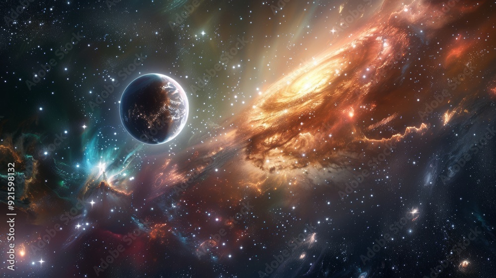 Obraz premium A breathtaking view of a distant galaxy with a vibrant planet in the foreground, evoking a sense of wonder and exploration. 