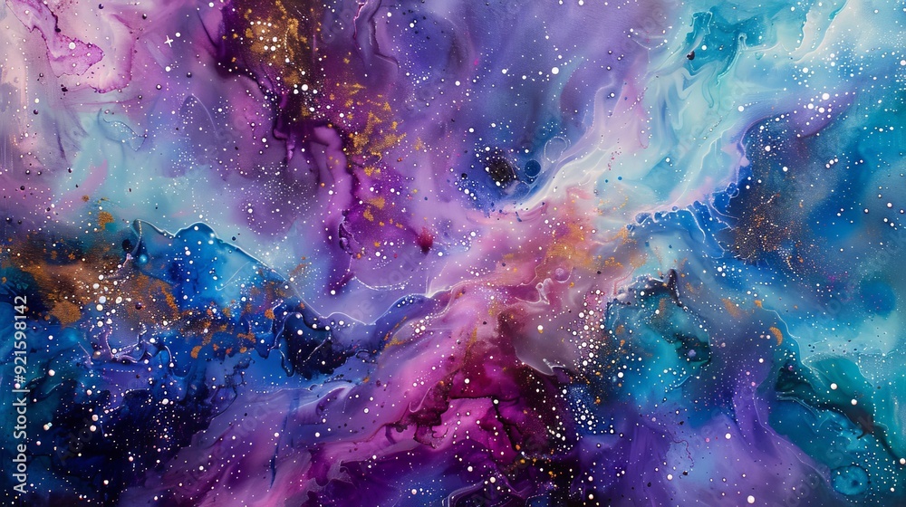 Fototapeta premium A vibrant abstract depiction of a cosmic scene, filled with swirling colors of purple, blue, and gold, evoking a sense of wonder and exploration. 