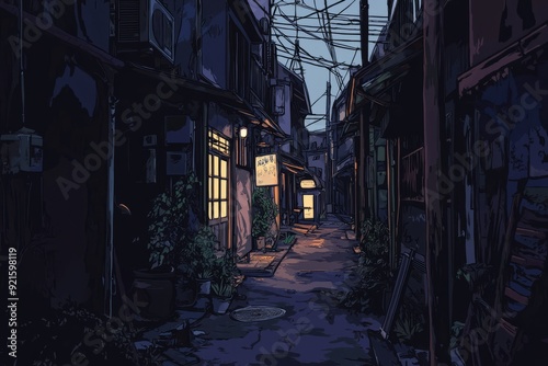 A quaint old town alley with rustic charm and soft streetlights. Cozy vibe, Generative AI photo