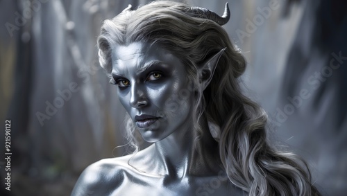 Silver-skinned female demon with horns and golden eyes in ethereal forest setting