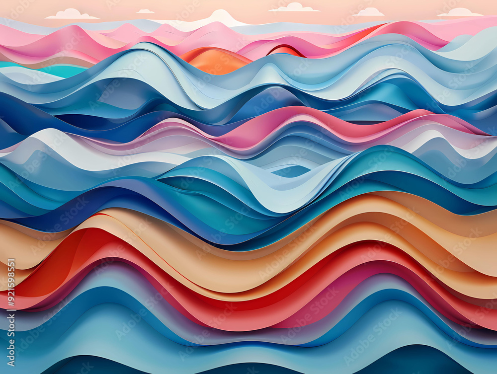 Fototapeta premium illustration. Abstract geometric dynamic waves shapes white, blue, pink, and yellow colors. wallpaper