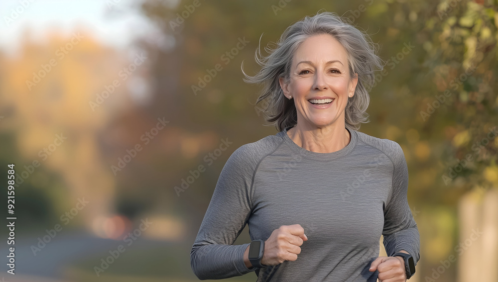 Senior Woman Enjoying a Healthy Jog in the Park on a Bright Morning Senior Woman Enjoying a Healthy Jog in the Park on a Bright Morning