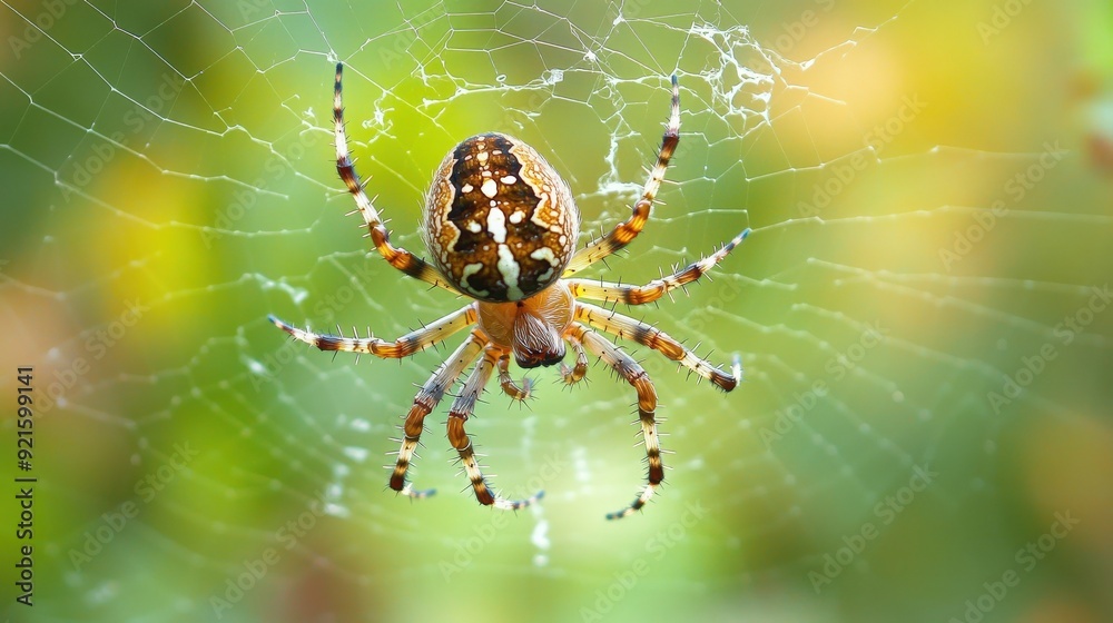 A close-up of a spider hanging on its intricate web, showcasing nature's beauty and the delicate craftsmanship of silk. A close-up of a spider hanging on its intricate web, showcasing nature's beauty and the delicate craftsmanship of silk.
