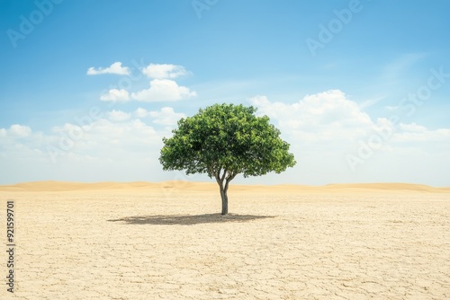 Single Tree in a Desert Landscape with Blue Sky and Clouds