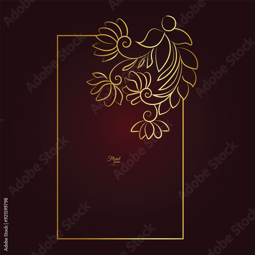 Gold shiny glowing vintage frame with flower isolated floral background. Golden luxury realistic rectangle border. Vector illustration

