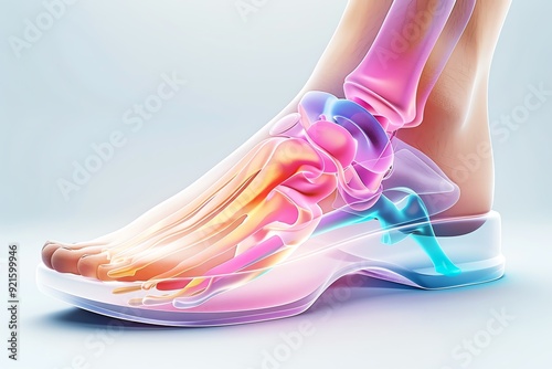 Detailed anatomical illustration of a foot and ankle showcasing bones and joints in a colorful, transparent style.