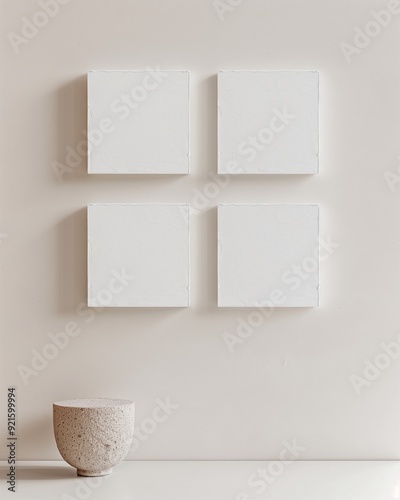 Living room light interior with set of empty clean canvas frames on interior wall for mockup. AI generated