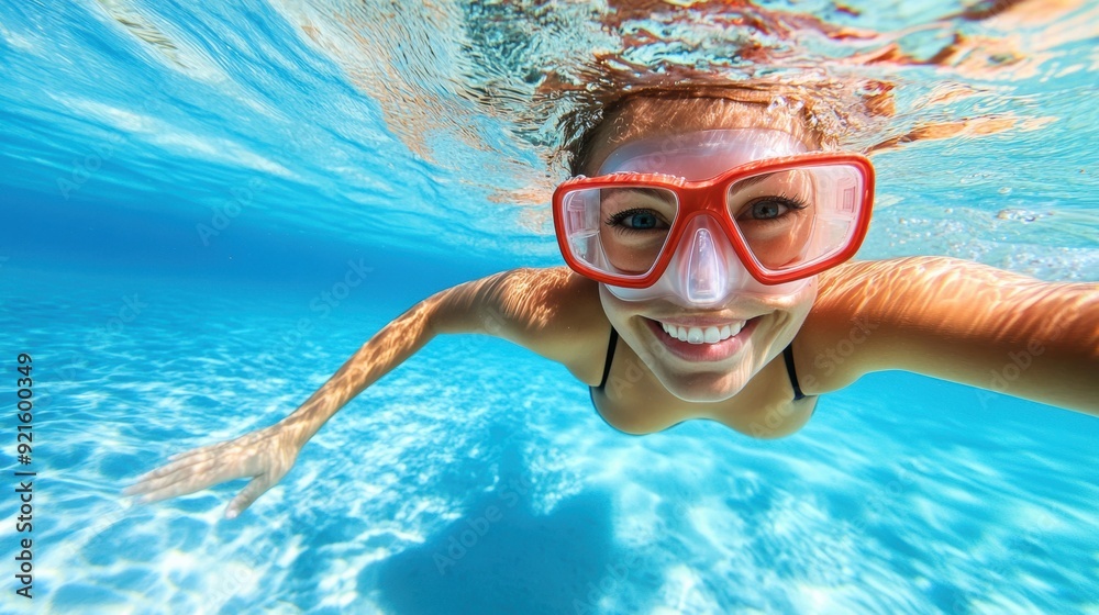 Naklejka premium A woman with goggles smiles while swimming gracefully beneath the water's surface