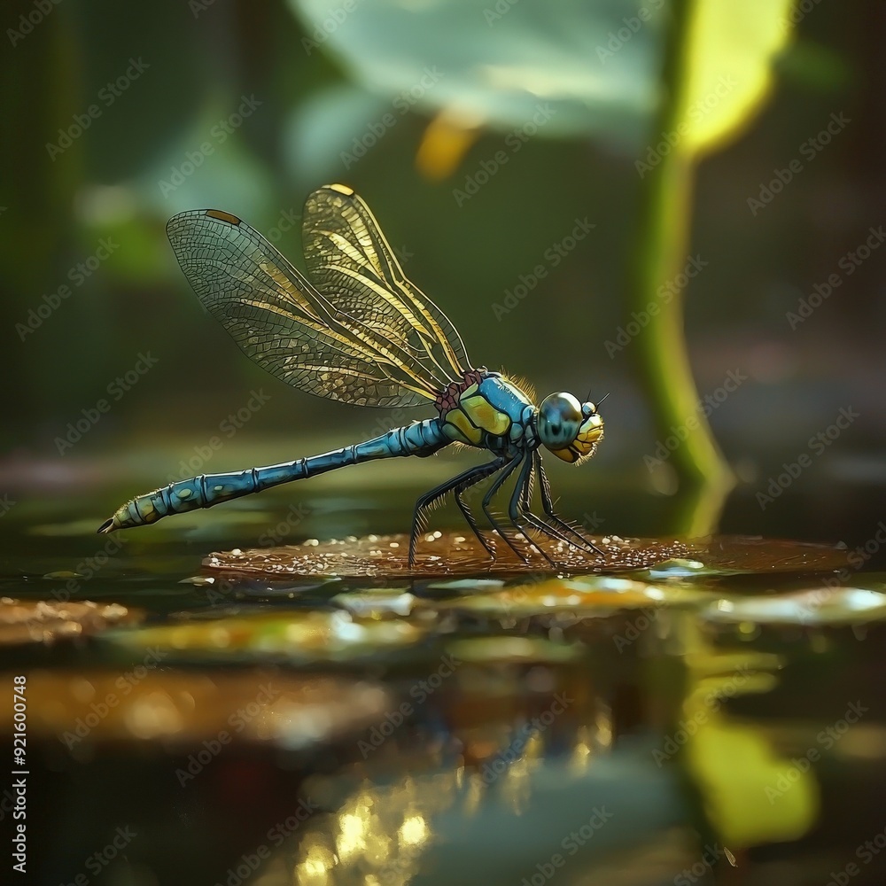 A vibrant dragonfly perched on a leaf, reflecting shimmering colors in the serene water below, showcasing nature's beauty. A vibrant dragonfly perched on a leaf, reflecting shimmering colors in the serene water below, showcasing nature's beauty.