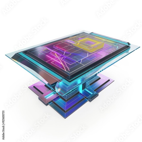 3D Render, Low Poly style of a cyberpunk coffee table with interactive touch surface, on isolated white background