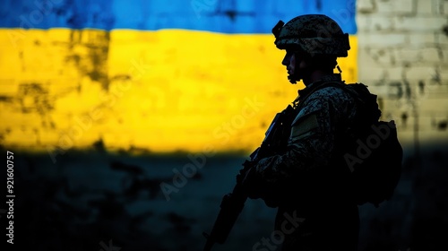 Silhouette of Ukrainian Soldier Standing in Front of National Flag
