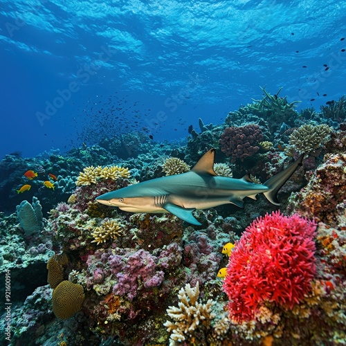 A vibrant underwater scene showcasing a shark swimming through colorful coral reefs filled with diverse marine life. photo