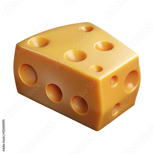 A wedge of Swiss cheese with holes, rendered in a smooth, 3D style with a glossy texture and vibrant yellow color