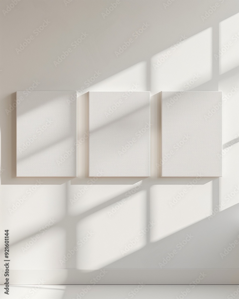 Living room light interior with set of empty clean canvas frames on interior wall for mockup. AI generated Living room light interior with set of empty clean canvas frames on interior wall for mockup. AI generated