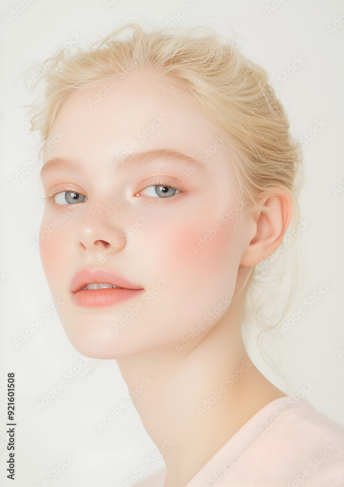 Young Woman with Blonde Hair and Natural Makeup, Showing Smooth Skin and Elegant Features