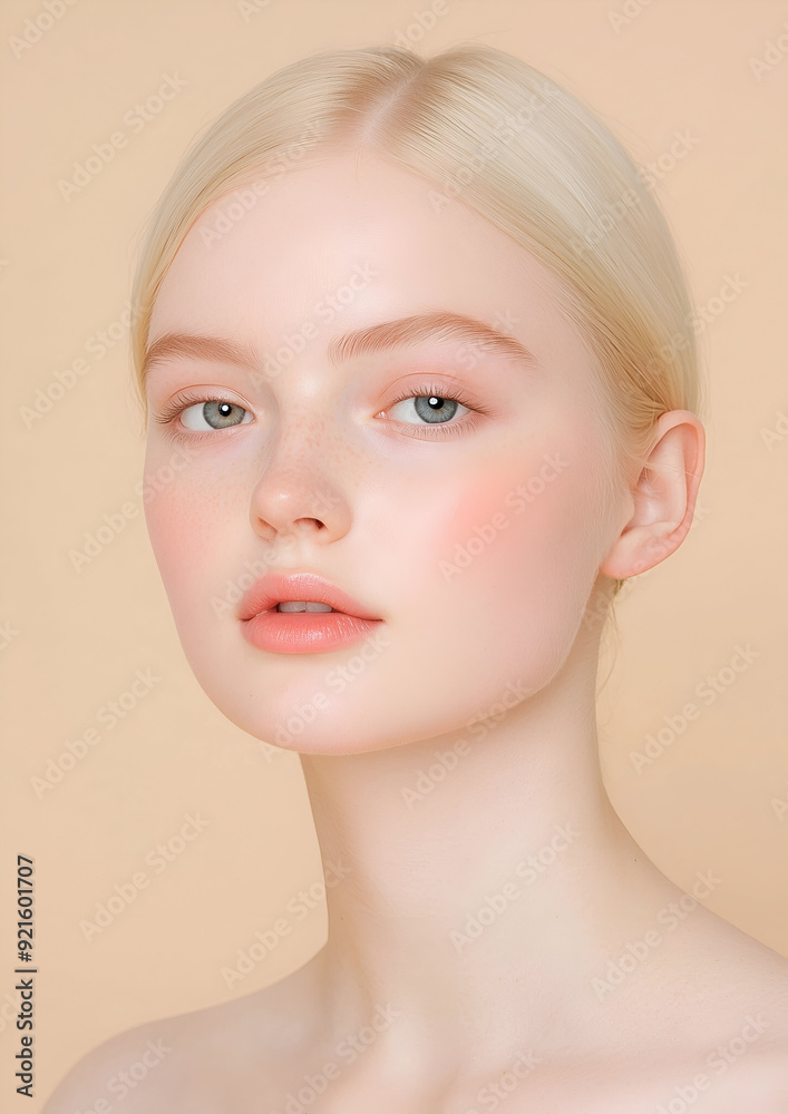 Young Woman with Blonde Hair and Natural Makeup, Showing Smooth Skin and Elegant Features Young Woman with Blonde Hair and Natural Makeup, Showing Smooth Skin and Elegant Features