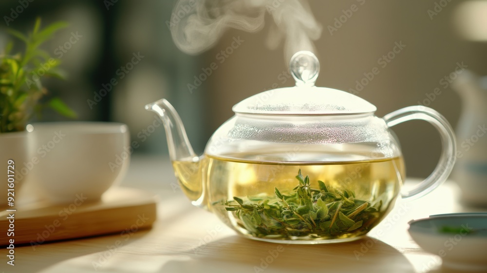 A glass teapot filled with herbal tea releases steam while resting on a cozy table A glass teapot filled with herbal tea releases steam while resting on a cozy table