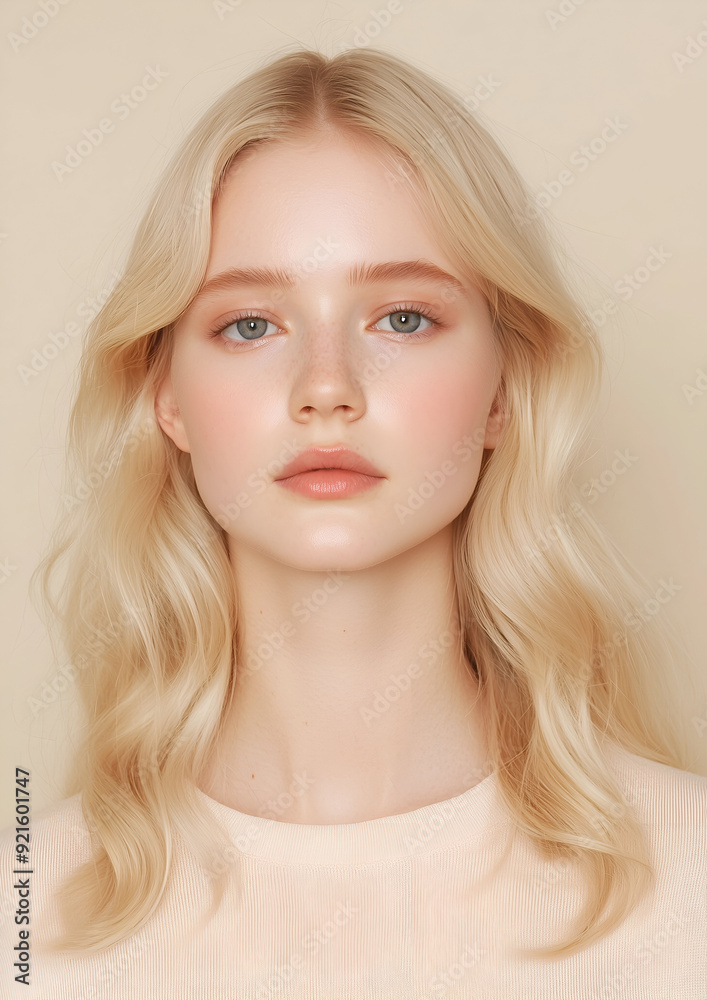 Young Woman with Blonde Hair and Natural Makeup, Showing Smooth Skin and Elegant Features Young Woman with Blonde Hair and Natural Makeup, Showing Smooth Skin and Elegant Features