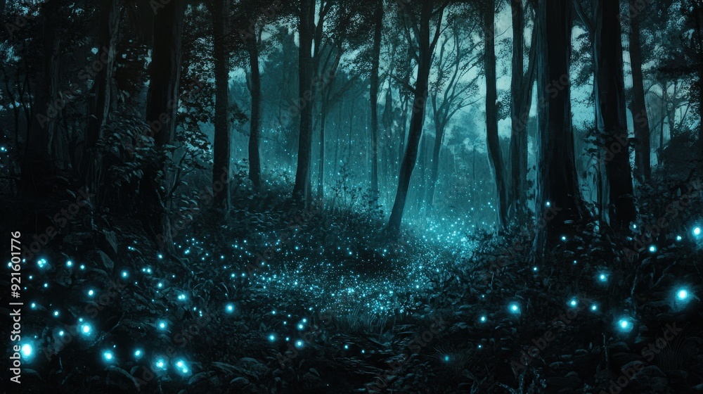 Naklejka premium Enchanting Forest Night with Glowing Fireflies - Digital Art Illustration.