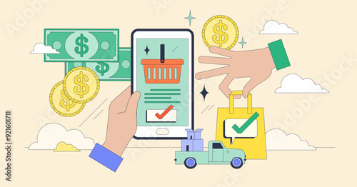 Online shopping and e-commerce retail store tiny person neubrutalism concept. Customer makes purchase from internet website vector illustration. Payment and delivery options for customer orders.