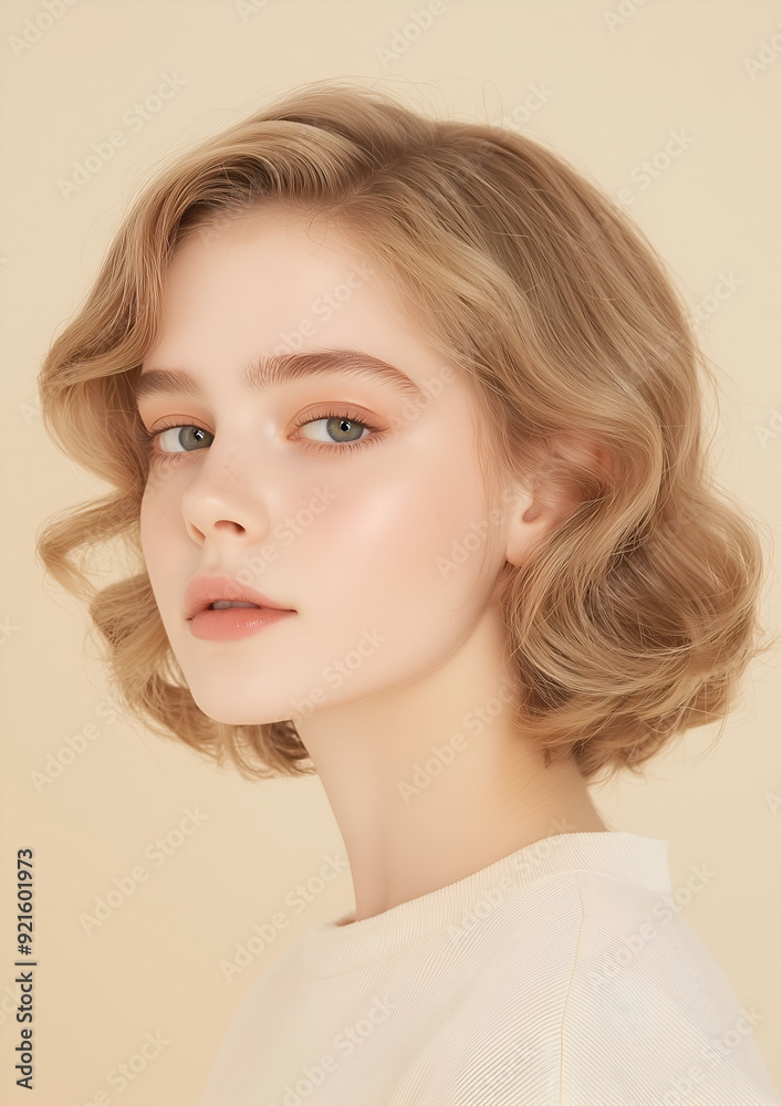 Young Woman with Blonde Hair and Natural Makeup, Showing Smooth Skin and Elegant Features Young Woman with Blonde Hair and Natural Makeup, Showing Smooth Skin and Elegant Features