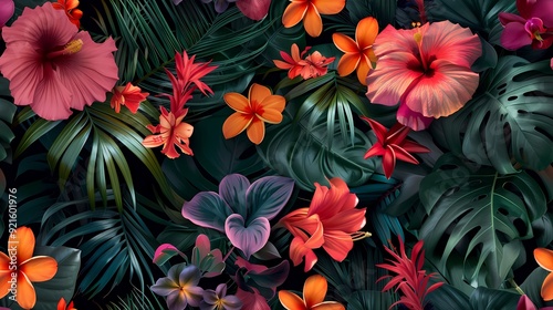 Lush tropical foliage with vibrant flowers in a seamless pattern.