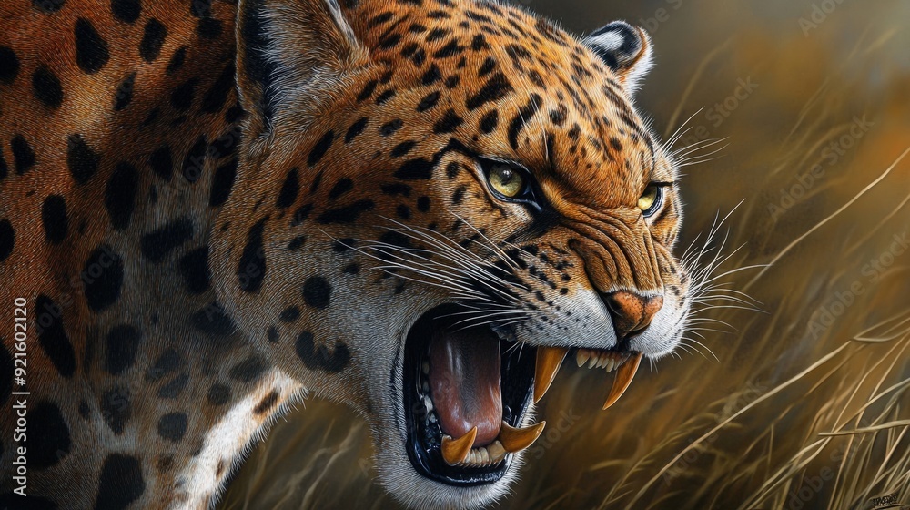 A fierce leopard displaying its powerful roar in the wild, showcasing majestic features and vibrant fur patterns. A fierce leopard displaying its powerful roar in the wild, showcasing majestic features and vibrant fur patterns.