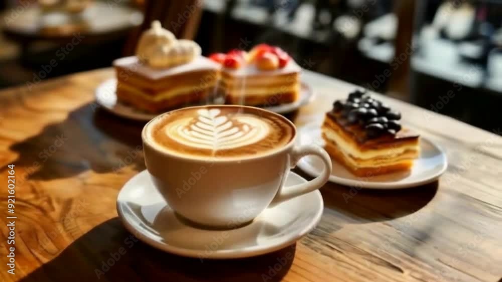 A hot latte coffee cup and some pastries on a wooden table in a cafeteria coffee shop in the morning. A hot latte coffee cup and some pastries on a wooden table in a cafeteria coffee shop in the morning.