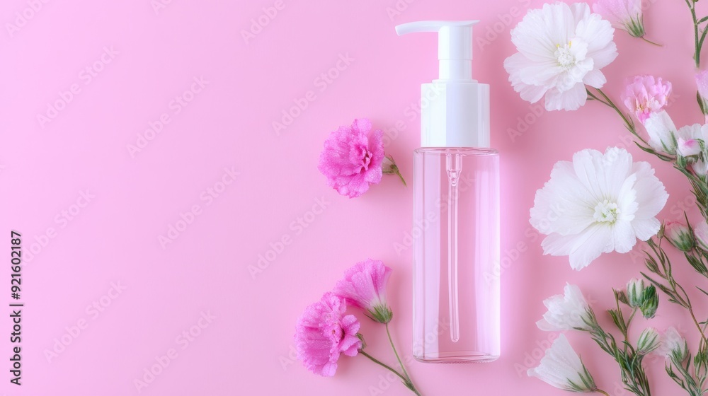 A pink serum bottle is elegantly styled with fresh flowers on a soft pink background A pink serum bottle is elegantly styled with fresh flowers on a soft pink background