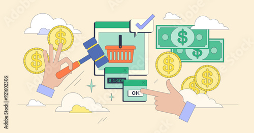 Online auction with bidding digital platform tiny person neubrutalism concept. Website with product offer for participants to bid with money proposals vector illustration. Sale or trading competition