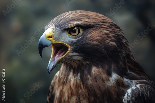 A majestic hawk with piercing eyes and a fierce expression, showcasing its powerful presence in nature.