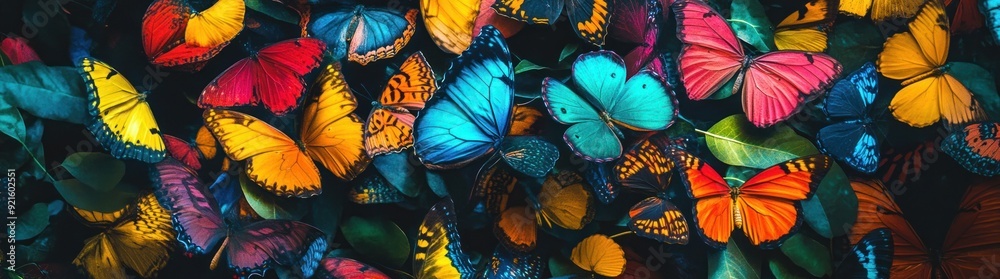 Naklejka premium A vibrant collection of colorful butterflies with their wings spread wide on a bed of green leaves