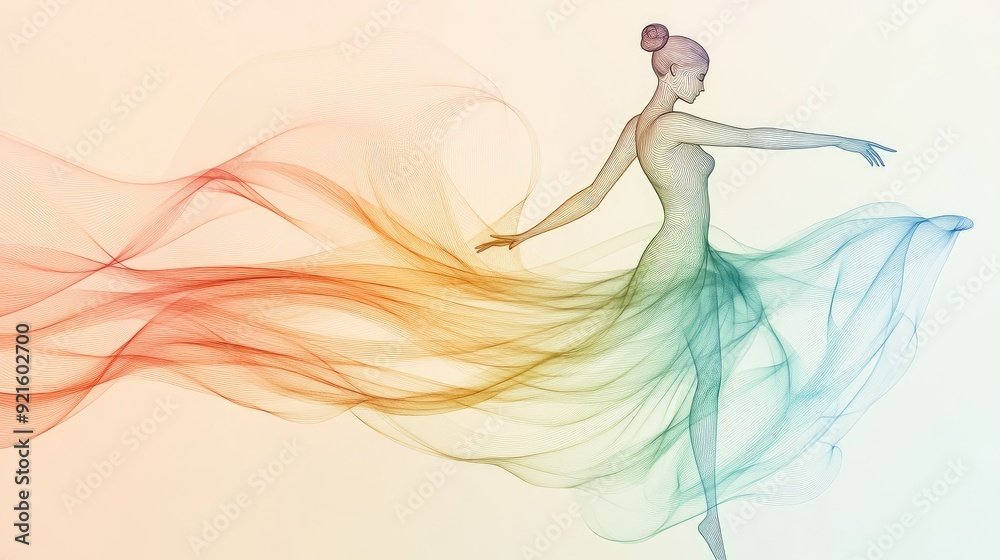 Elegant abstract line drawing of a dancing figure, with a light pastel background for adding text Elegant abstract line drawing of a dancing figure, with a light pastel background for adding text