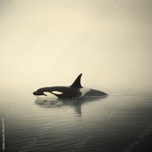 A serene orca swims gracefully through calm waters shrouded in mist, capturing the beauty of marine wildlife.