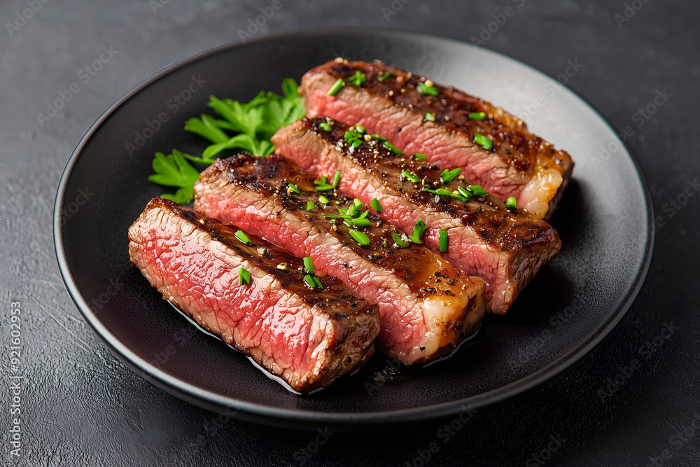 Juicy Grilled Steak with Fresh Rosemary on a Black Plate, Perfect for a Gourmet Meal Juicy Grilled Steak with Fresh Rosemary on a Black Plate, Perfect for a Gourmet Meal