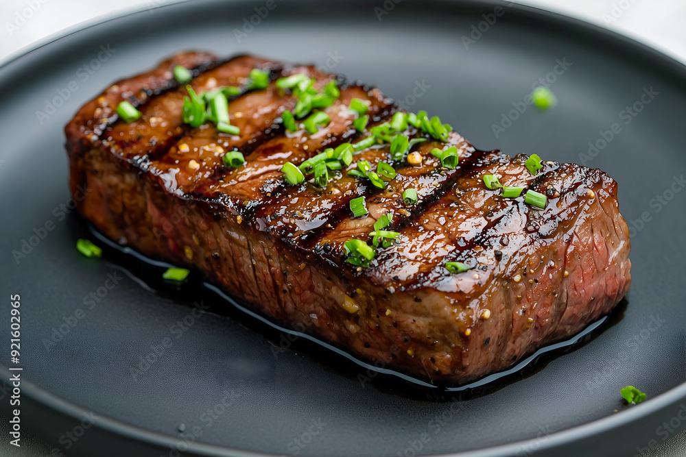 Juicy Grilled Steak with Fresh Rosemary on a Black Plate, Perfect for a Gourmet Meal Juicy Grilled Steak with Fresh Rosemary on a Black Plate, Perfect for a Gourmet Meal