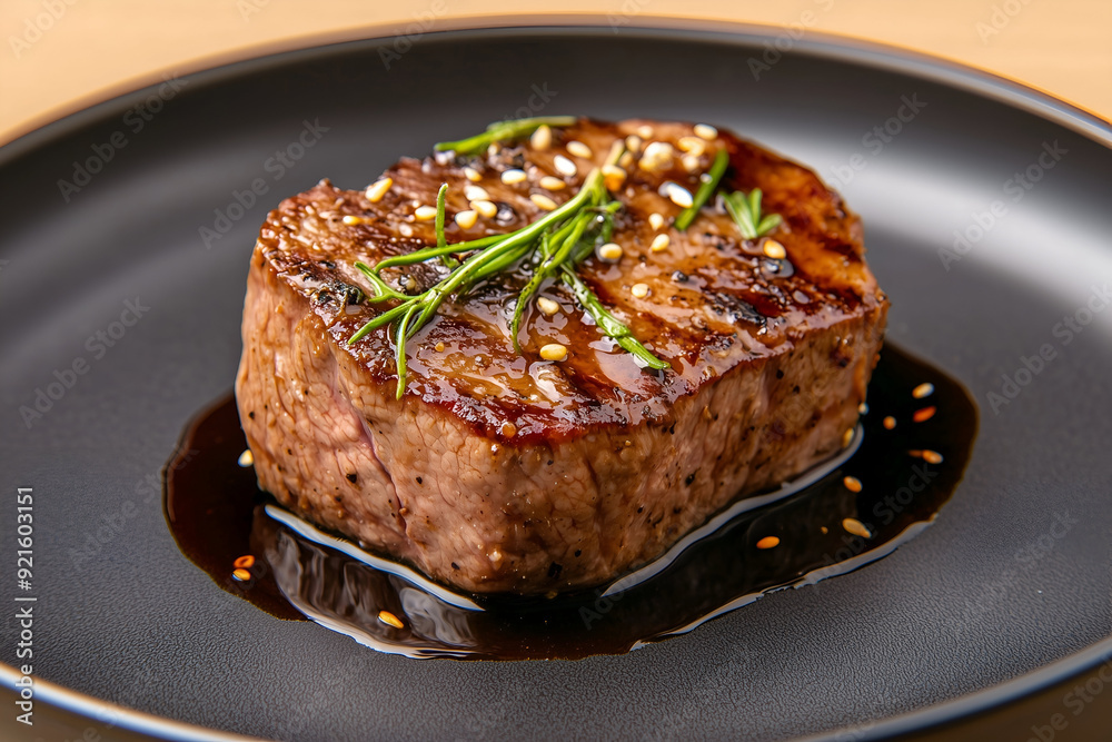 Juicy Grilled Steak with Fresh Rosemary on a Black Plate, Perfect for a Gourmet Meal Juicy Grilled Steak with Fresh Rosemary on a Black Plate, Perfect for a Gourmet Meal