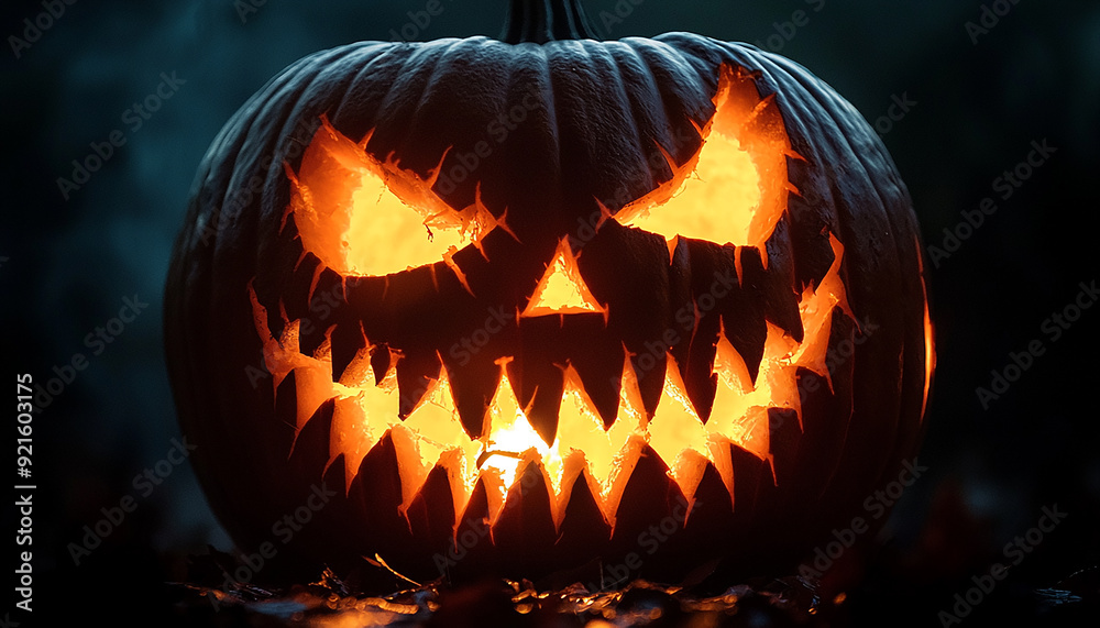 Spooky pumpkin lantern glowing in the dark night generated by AI Spooky pumpkin lantern glowing in the dark night generated by AI