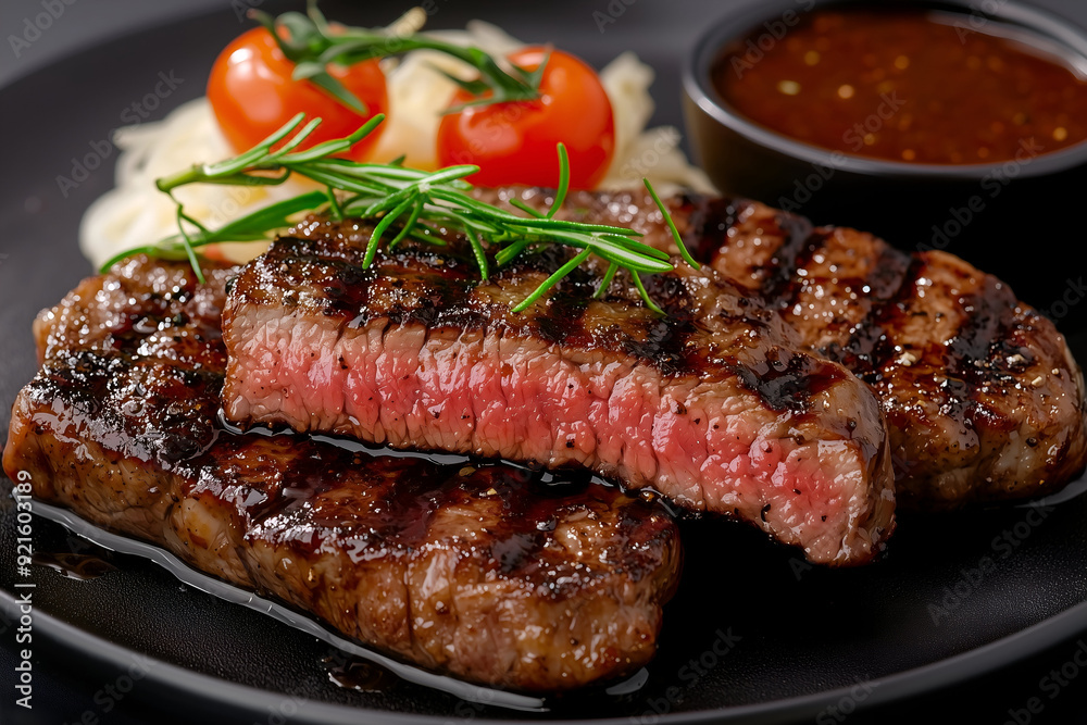 Juicy Grilled Steak with Fresh Rosemary on a Black Plate, Perfect for a Gourmet Meal