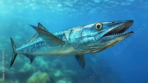 A vibrant underwater scene featuring a majestic barracuda swimming gracefully in clear blue water.