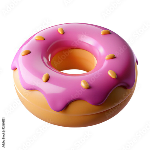 A delicious pink frosted doughnut with sprinkles, rendered in a glossy, 3D style, and a soft, smooth texture, looking tasty and sweet