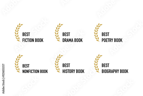 Best book award: fiction, nonfiction, poetry, drama, history, biography. Vector logo set with golden badges for winner or nomination