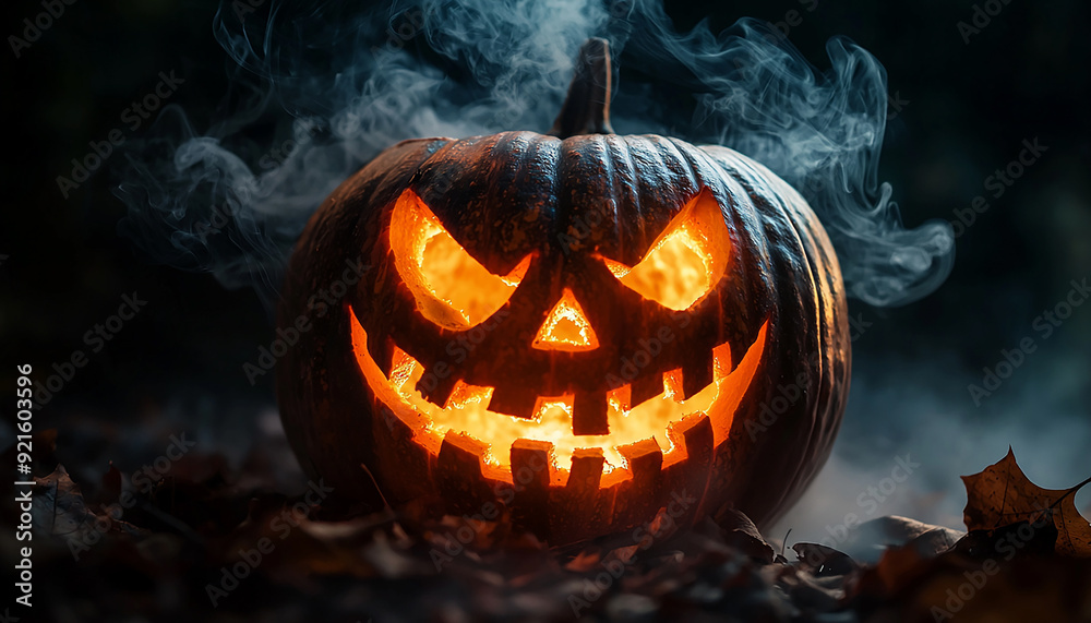 Naklejka premium Spooky pumpkin glowing in dark Halloween night flame generated by AI