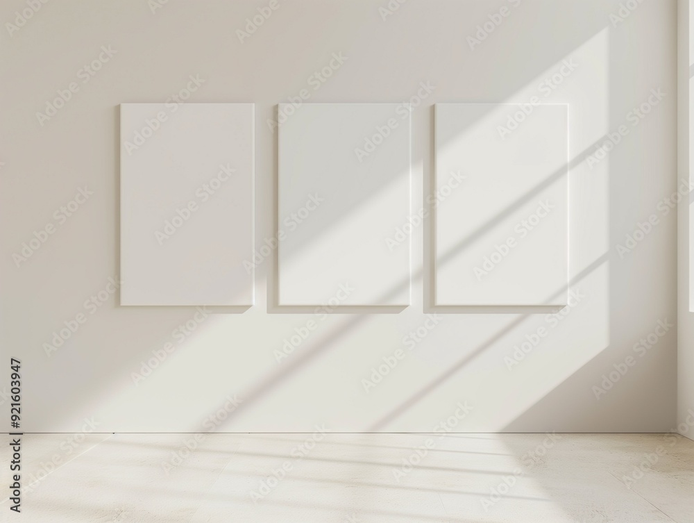 Living room light interior with set of empty clean canvas frames on interior wall for mockup. AI generated Living room light interior with set of empty clean canvas frames on interior wall for mockup. AI generated
