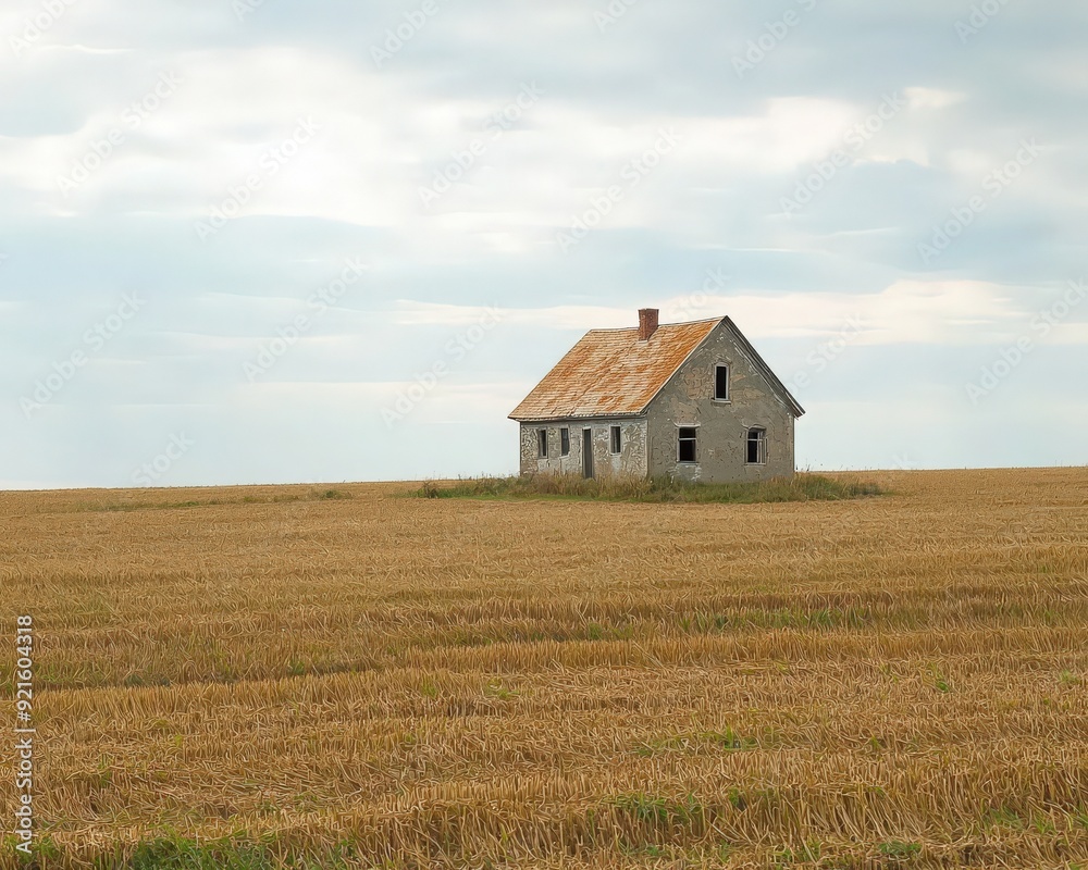 A lonely farmhouse surrounded by a golden wheat field under a cloudy sky, evoking a sense of tranquility and solitude. A lonely farmhouse surrounded by a golden wheat field under a cloudy sky, evoking a sense of tranquility and solitude.